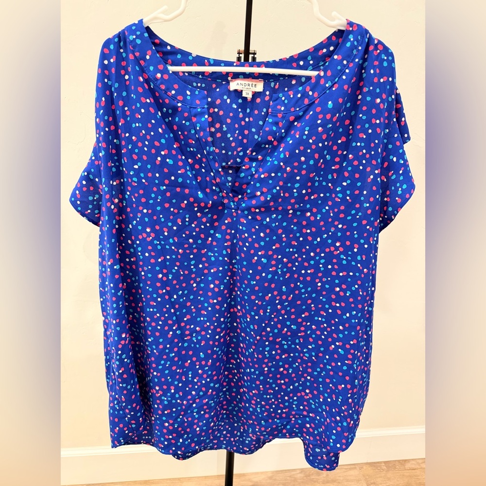 Andrée by Unit Blue Confetti Dot Blouse Size 3X Flutter Sleeve V-Neck Top